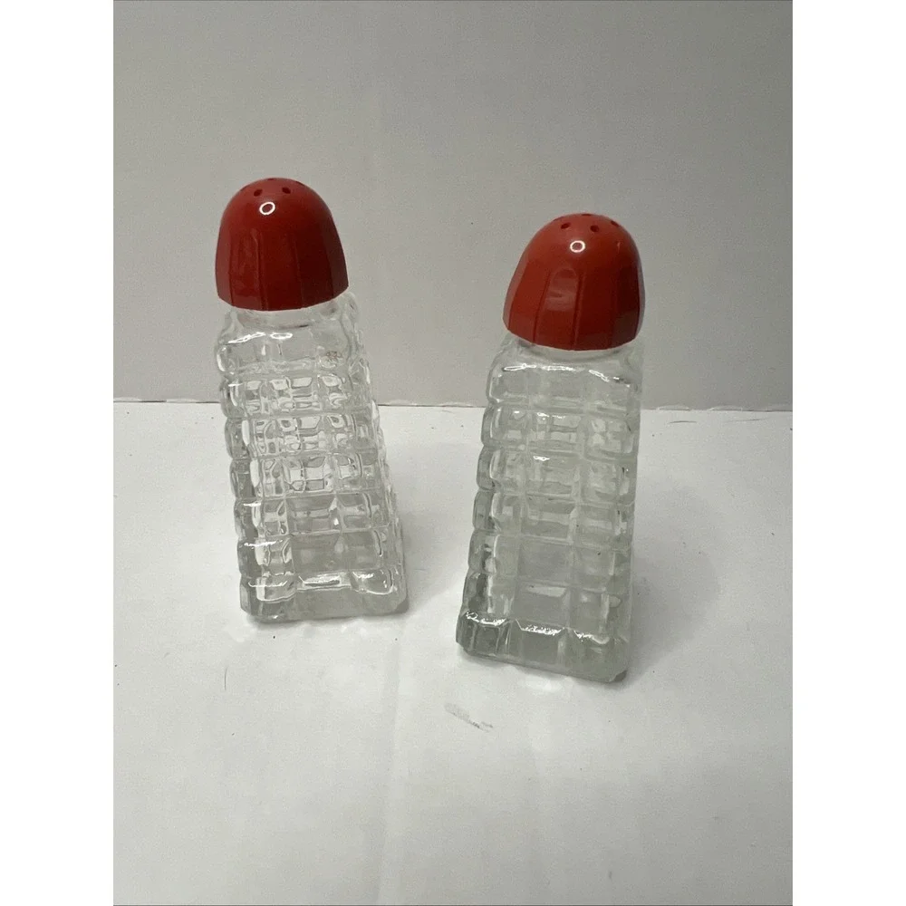 Vintage 1950 Glass Salt and Pepper Shakers. Red Tops